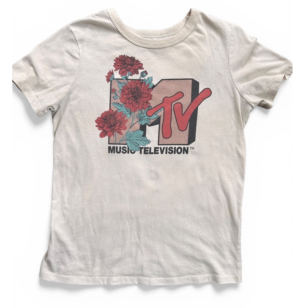 MTV Graphic T-Shirt‎ Wmn XS Cream Floral Music Television Logo Short Sleeve Good